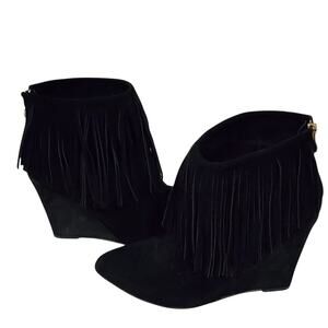 Chinese Laundry Arctic Fringed‎ Ankle Boots Wedges black Suede women's size 10